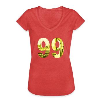 Brooklyn en 99 - Nine Nine Pont de Brooklyn Design - T-shirt vintage Femme - rouge chiné - Devant - Danielle (179cm)