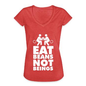 Vegan Vegan Vegan Beans White - Dame vintage T-shirt - rød meleret - Foran - Danielle (179cm)