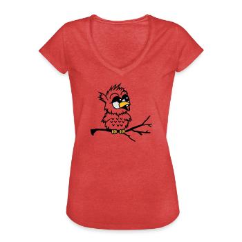 Un hibou petit bébé assis sur une branche - T-shirt vintage Femme - rouge chiné - Devant - Danielle (179cm)