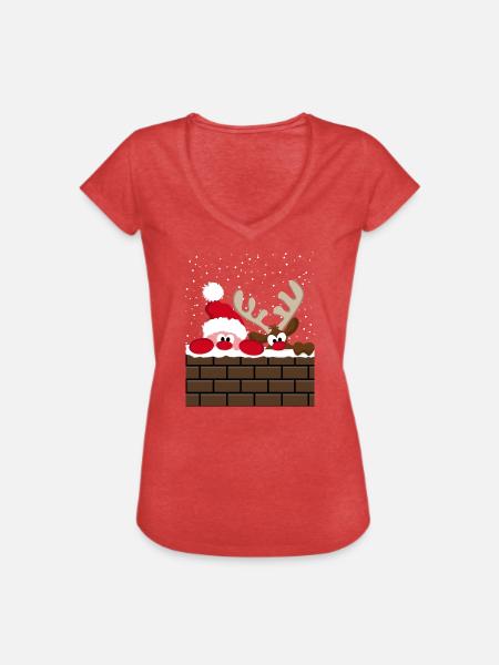 Santa & Rudolph - Frauen Vintage T-Shirt - Rot meliert
