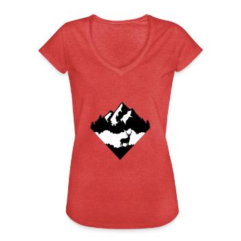 Deer, Forrest and Mountains, Cerf - T-shirt vintage Femme - rouge chiné - Devant - Danielle (179cm)