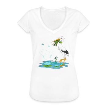 Never Give Up 🐸 Niemals aufgeben Frosch vs Storch - Frauen Vintage T-Shirt - Vintage Denim - Vorne - Danielle (179cm)