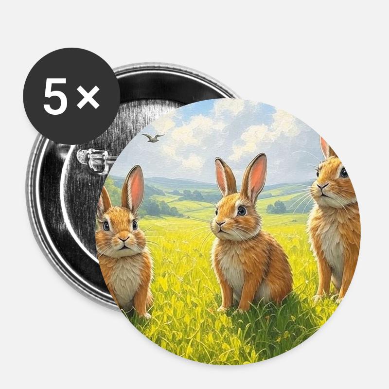 Three rabbits in the spring field - Buttons large 2.2''/56 mm (5-pack) - white