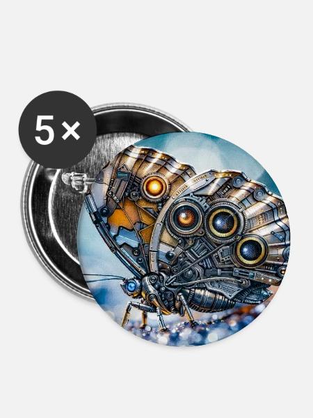Robotik-Schmetterling - Buttons groß 56 mm (5er Pack) - Weiß