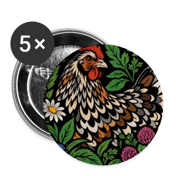 Blumenhühner-Volkskunstgarten - Buttons groß 56 mm (5er Pack) - Weiß - Vorne