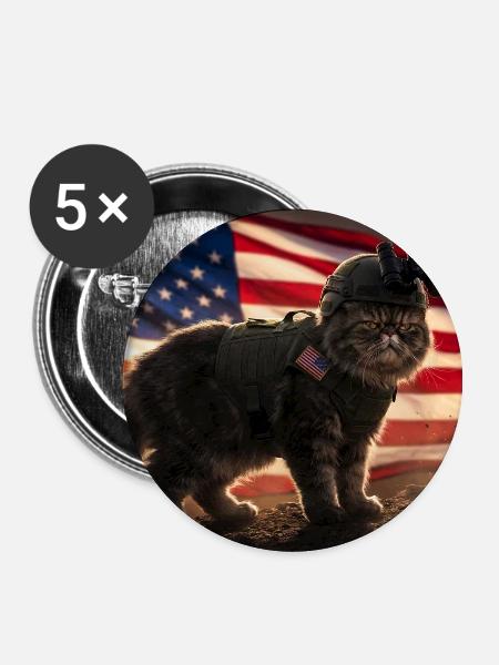Katzenkrieger vor US-Flagge - Buttons groß 56 mm (5er Pack) - Weiß