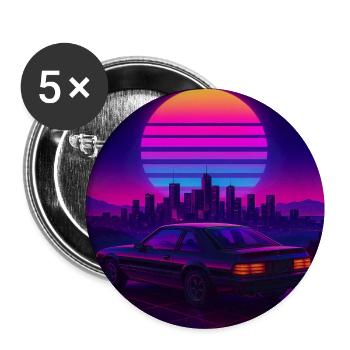 Neon Outrun Sunset Auto – Retro Synthwave - Buttons groß 56 mm (5er Pack) - Weiß - Vorne