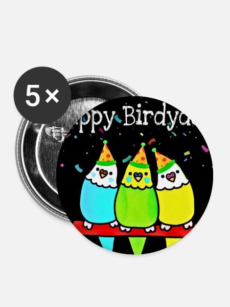 Drei bunte Geburtstagsvögel - Buttons groß 56 mm (5er Pack) - Weiß