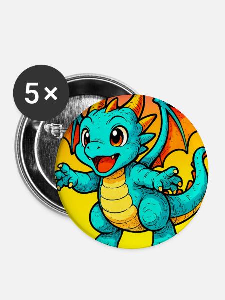 Drache - Buttons groß 56 mm (5er Pack) - Weiß