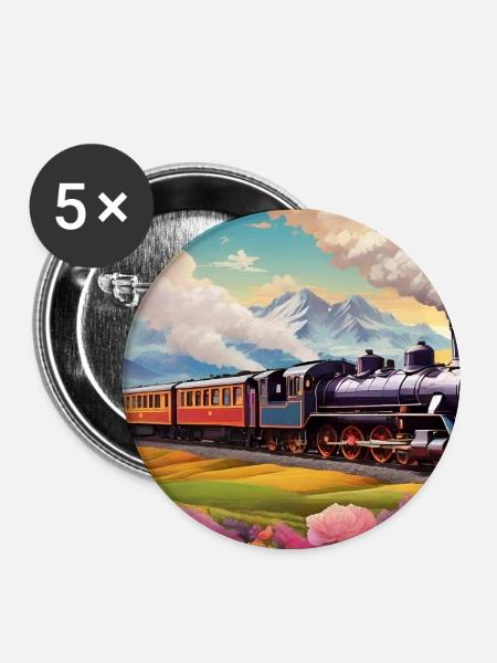 Nostalgischer Eisenbahnzug mit Dampflokomotive - Buttons groß 56 mm (5er Pack) - Weiß