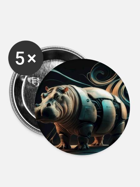 Mechanisches Flusspferd - Buttons groß 56 mm (5er Pack) - Weiß
