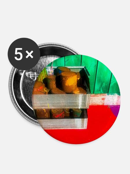 Bunte Farbtöpfe Straßenkunst - Buttons groß 56 mm (5er Pack) - Weiß