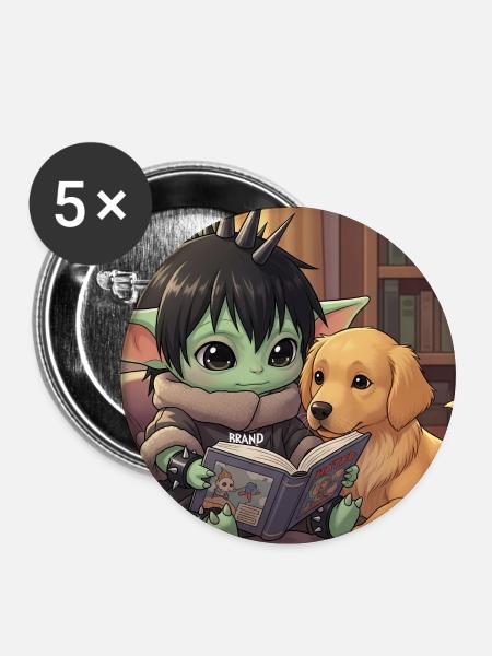 Kleiner Goblin mit Hund und Comic-Book - Buttons groß 56 mm (5er Pack) - Weiß