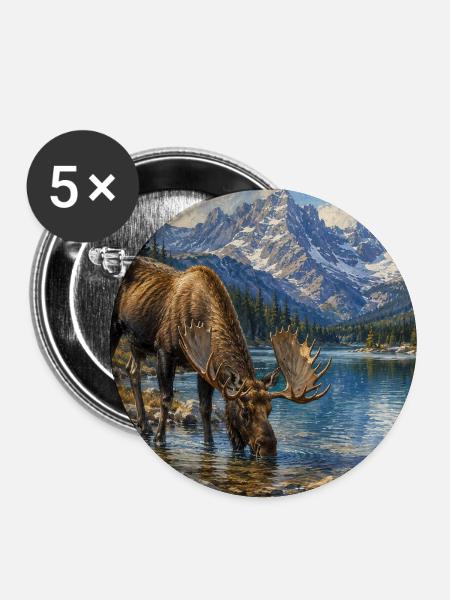 Alpen-Elch am Bergsee - Buttons groß 56 mm (5er Pack) - Weiß