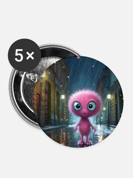 Pinkes Fluffwesen bei Regennacht - Buttons groß 56 mm (5er Pack) - Weiß