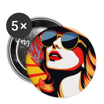 Pop Art Retro Frau mit Sonnenbrille und Hut Mode - Buttons groß 56 mm (5er Pack) - Weiß - Vorne