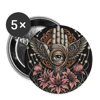 Geflügelte Hand mit zentralem Auge und Blumen - Buttons groß 56 mm (5er Pack) - Weiß - Vorne