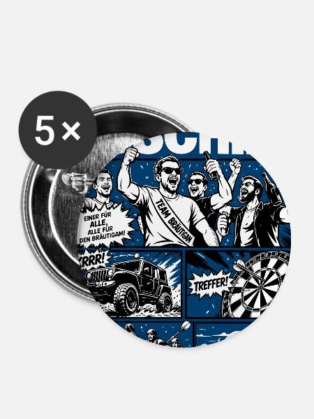 Junggesellenabschied Abenteuer Crew - Buttons groß 56 mm (5er Pack) - Weiß