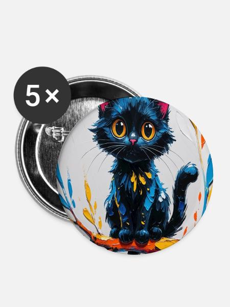 Hellschwarze Katze auf bunten Ast - Buttons groß 56 mm (5er Pack) - Weiß