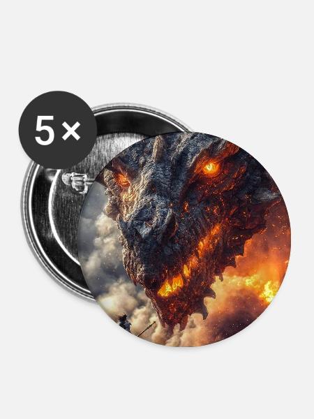 Dragon Clash Feurige Kriegsfront - Buttons groß 56 mm (5er Pack) - Weiß