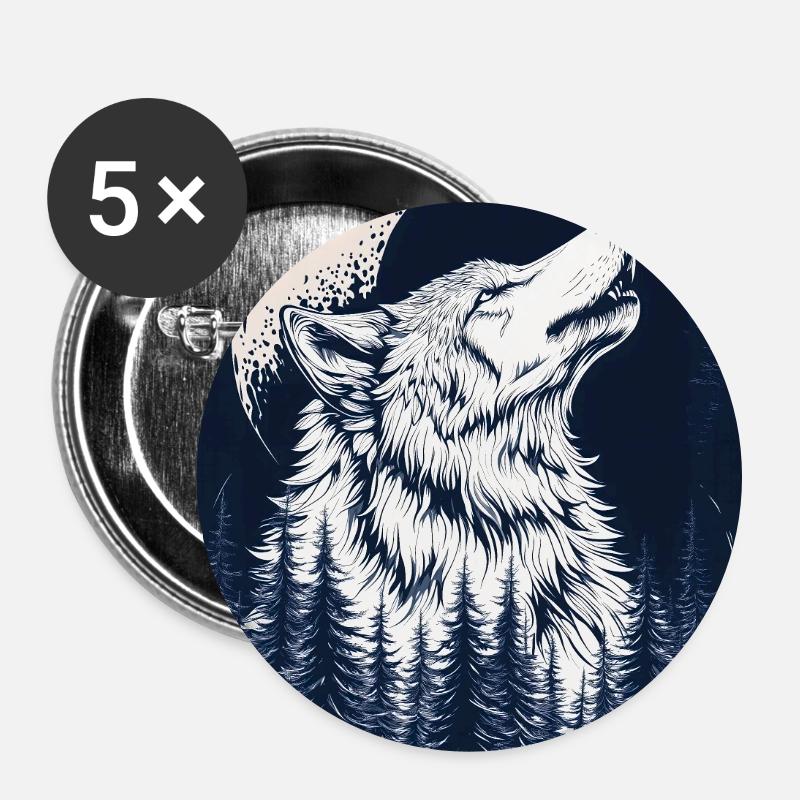 Wolf & Moon – Mystical Forest Design in Blue - Buttons large 2.2''/56 mm (5-pack) - white