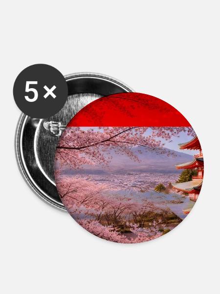 Kirschblütenpagode Szene - Buttons groß 56 mm (5er Pack) - Weiß