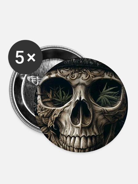 Schädel mit Hanfblattkranz - Buttons groß 56 mm (5er Pack) - Weiß