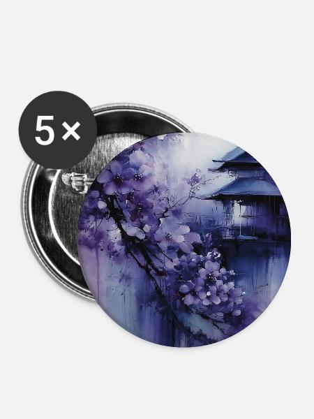 Lila Pagode und Blumen - Buttons groß 56 mm (5er Pack) - Weiß