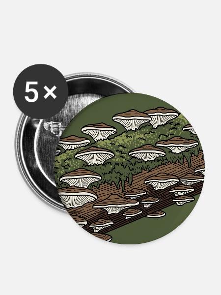 Waldpilze auf moosbedecktem Baumstamm - Buttons groß 56 mm (5er Pack) - Weiß