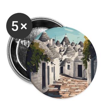 Entdecken Sie den mediterranen Alberobello in Italien - Buttons groß 56 mm (5er Pack) - Weiß - Vorne