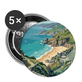 Erleben Sie die Cornwall-Küste von Porthcurno in England - Buttons groß 56 mm (5er Pack) - Weiß - Vorne