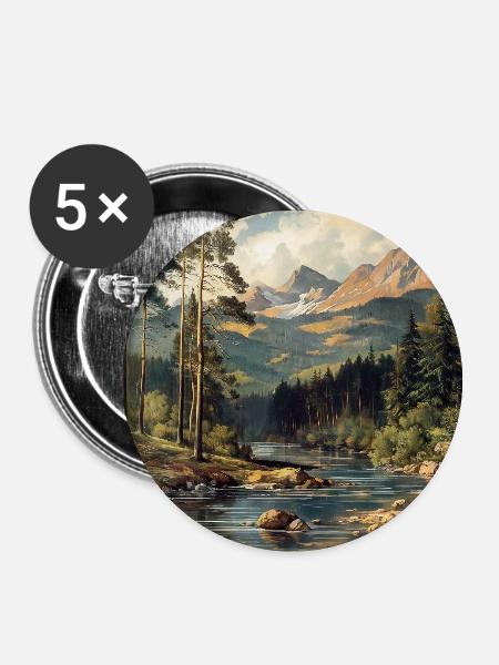 Berglandschaft Illustration Poster - Buttons groß 56 mm (5er Pack) - Weiß