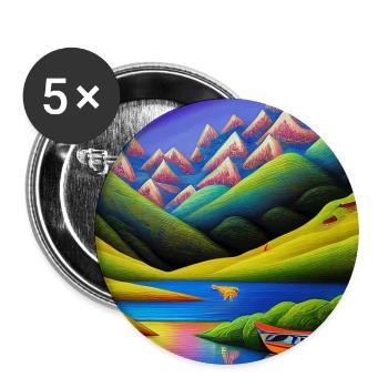 Paysage avec lac, bateau et montagnes - Lot de 5 grands badges (56 mm) - blanc - Devant