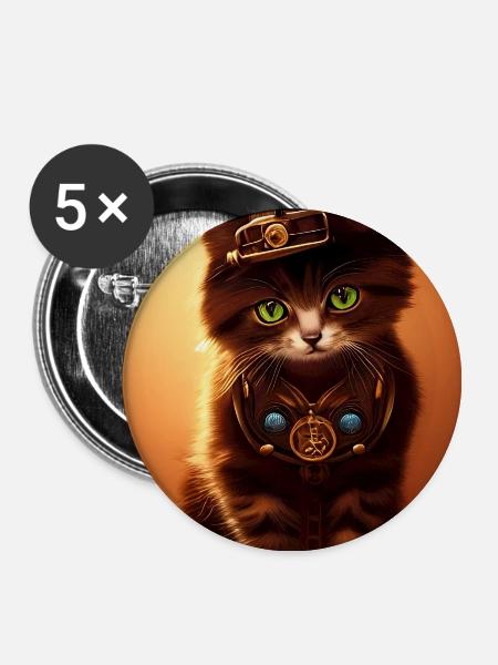 Katze Steampunk Style - Buttons groß 56 mm (5er Pack) - Weiß