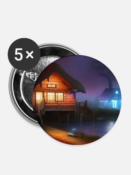 Charmante Hütte am See - Buttons groß 56 mm (5er Pack) - Weiß