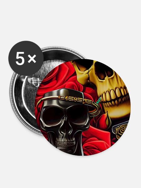 Totenköpfe mit Rosen - Buttons groß 56 mm (5er Pack) - Weiß