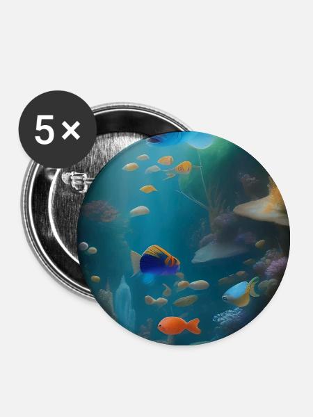 Fische, Aquarium - Buttons groß 56 mm (5er Pack) - Weiß