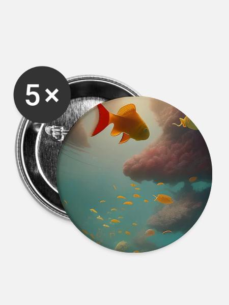 Fische, Aquarium - Buttons groß 56 mm (5er Pack) - Weiß