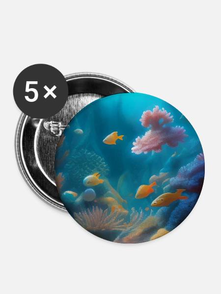 Fische, Aquarium - Buttons groß 56 mm (5er Pack) - Weiß