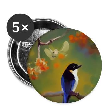 Oiseau sur branche avec des fleurs colorées - Lot de 5 grands badges (56 mm) - blanc - Devant