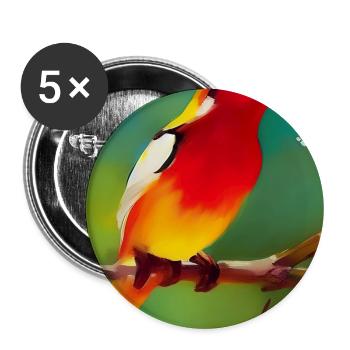 Oiseau sur branche avec des fleurs colorées - Lot de 5 grands badges (56 mm) - blanc - Devant