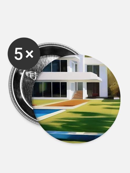 Weiße Villa mit Pool - Buttons groß 56 mm (5er Pack) - Weiß