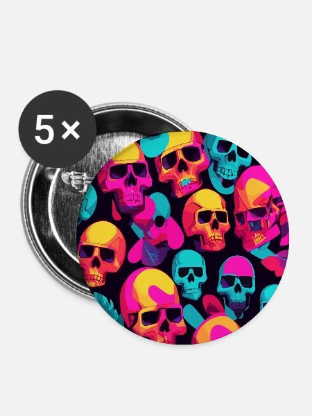 Neon Totenköpfe - Buttons groß 56 mm (5er Pack) - Weiß