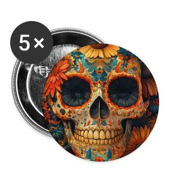Blumen-Skull Día de los Muertos - Buttons groß 56 mm (5er Pack) - Weiß - Vorne