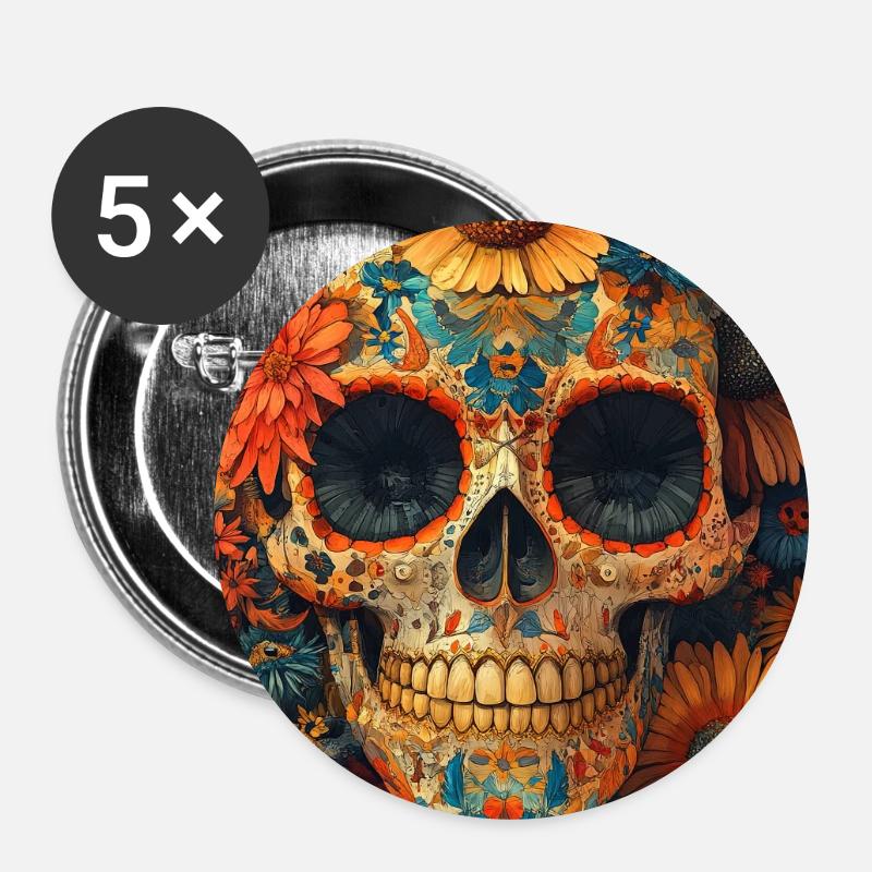 Flower Skull Día de los Muertos - Buttons large 2.2''/56 mm (5-pack) - white