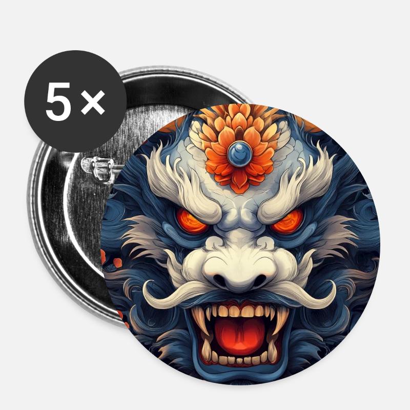 Blue Dragon Head with Fire Flowers - Buttons large 2.2''/56 mm (5-pack) - white