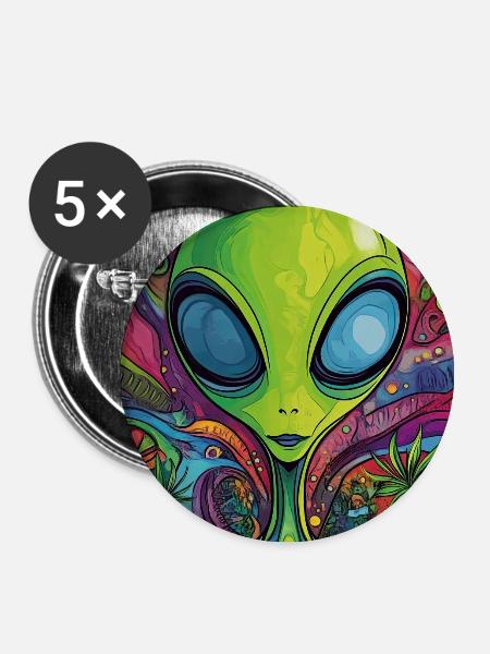 Psychedelischer Alien Neonrausch - Buttons groß 56 mm (5er Pack) - Weiß