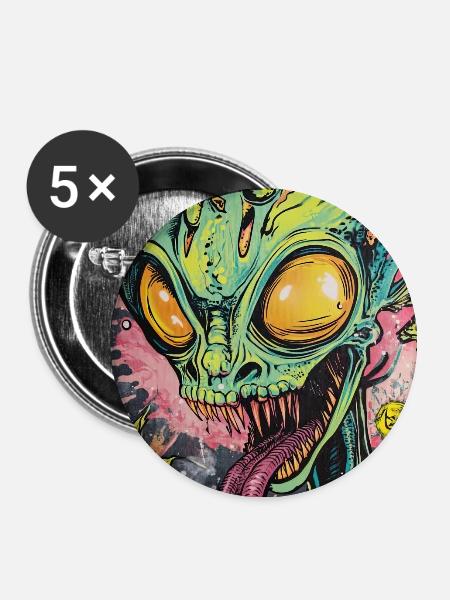 Psychedelischer Alien Neon Graffiti - Buttons groß 56 mm (5er Pack) - Weiß