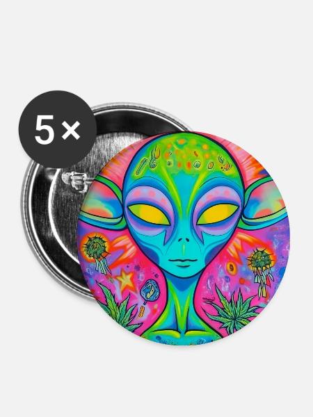 Psychedelischer Alien Neon Garten - Buttons groß 56 mm (5er Pack) - Weiß