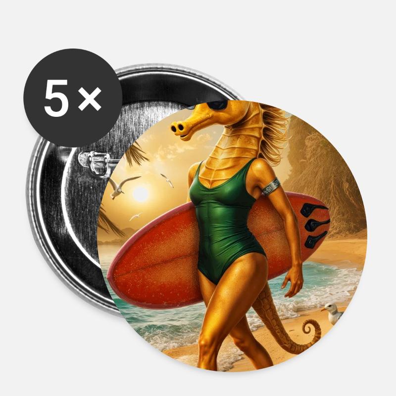 Surfer Humanoid Seahorse - Buttons large 2.2''/56 mm (5-pack) - white